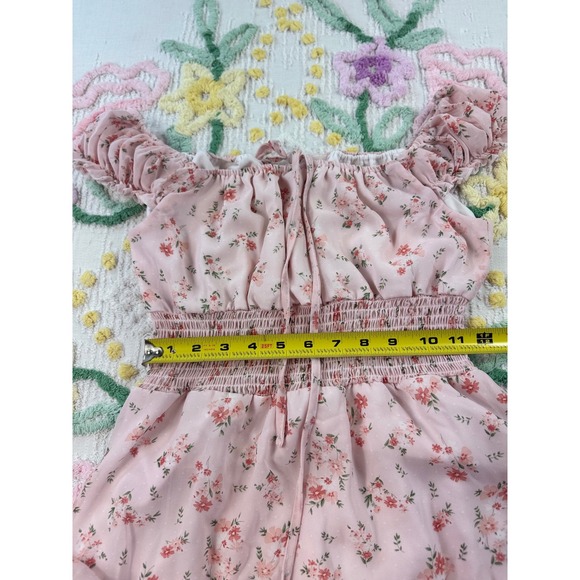 Shein Floral Tiered Midi Dress Off Shoulder Smocked Waist Short Sleeve‎ Pink M - Picture 6 of 12